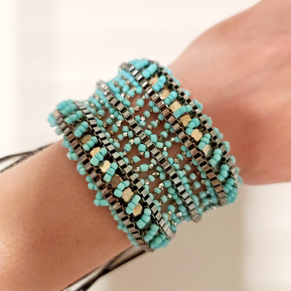 Boho Turquoise & Hematite Beaded Wide Cuff Bracelet | Adjustable Macramé Tie