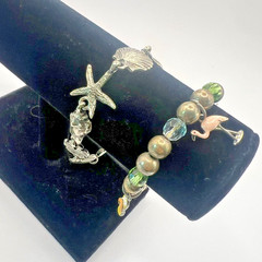 2 Beach Bracelets Lot Beachy Coastal Fun Seashells Sanddollars Flamingo Flipflop