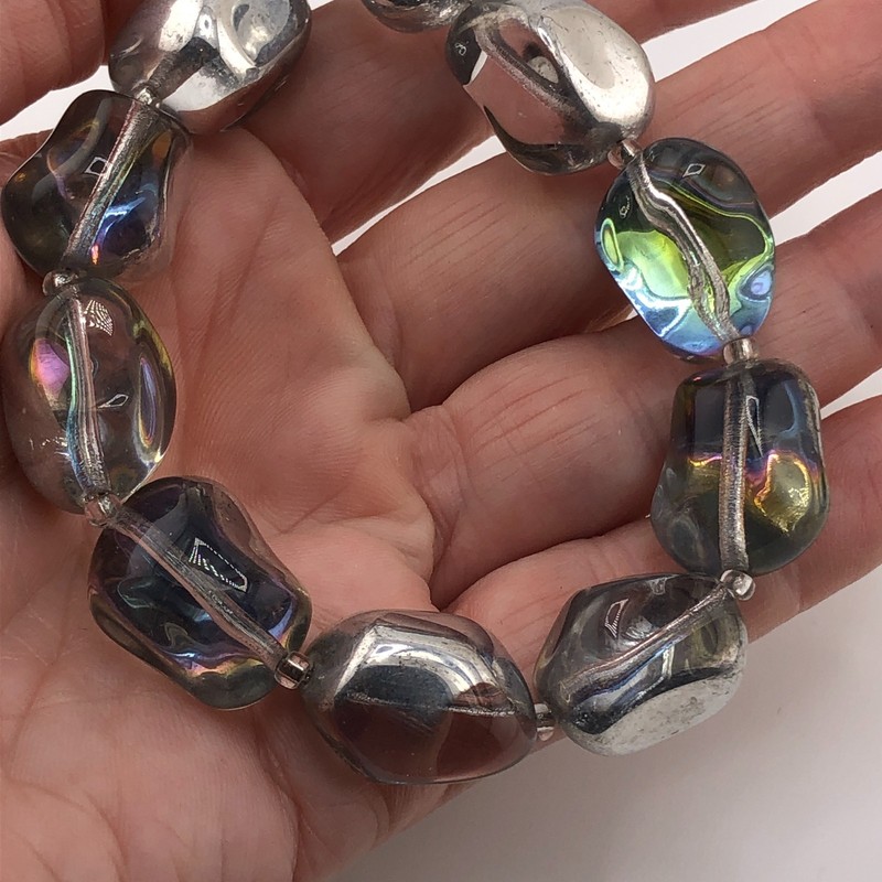 Chunky Bead Bracelet Silver Tone & Iridescent Retro Christmas Gift Statement gallery