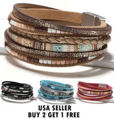 Boho Multilayer Leather Bracelet Men’s Women Wristband Bangle Jewelry Set C