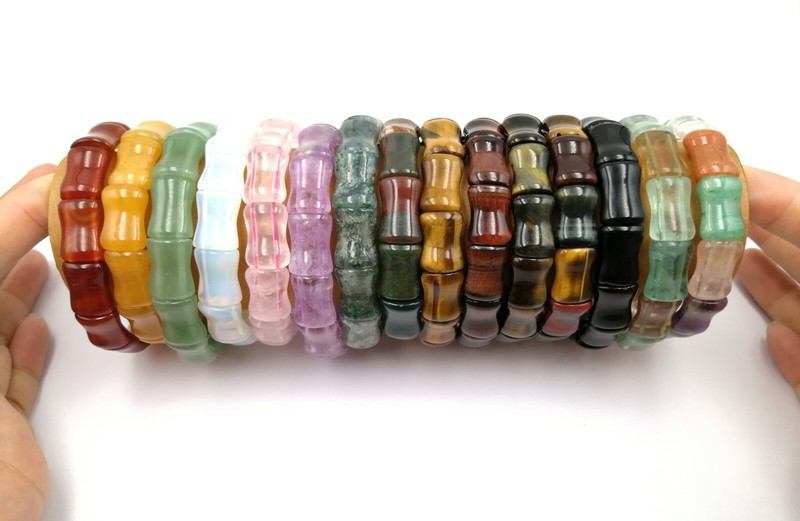 Red Agate Genuine Jade Tiger's Eye Amethyst Quartz Bamboo Joint Bangle Bracelet gallery