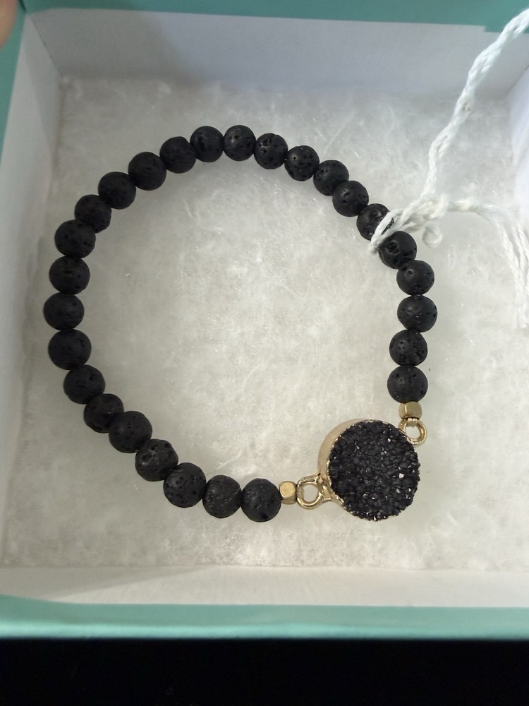 Black Lava Stone And Druzy Quartz Bracelet