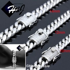 7.5″-11″Stainless Steel 10/12/14mm Silver Bling CZ Miami Cuban Curb Bracelet*158