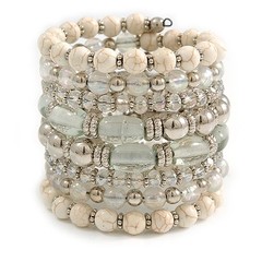 Wide Coiled Ceramic, Acrylic, Glass Bead Bracelet (White, Silver, Transparent)