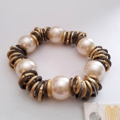 Amrita Singh Faux Pearl Stretch Bracelet Gunmetal Gold Tone Textured Rings New