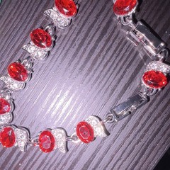 Silver Tone Red Oval Crystal Tennis Bracelet Clear Rhinestone Accents Box Clasp