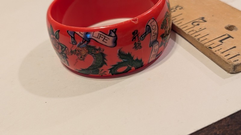 Y2K Tattoo Style Red Bangle Bracelet Dragon Skull Love Life Resin Ed Hardy gallery