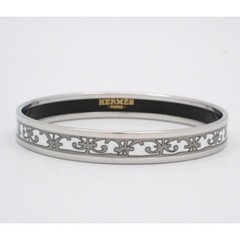 Vintage Hermes PM Bangle Bracelet White Enamel Grey Design Silver Rim New Box