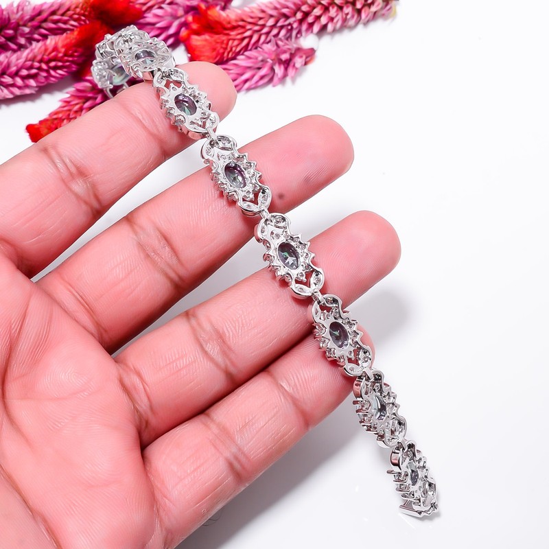 Rainbow Mystic Fire Topaz, CZ 925 Sterling Silver Tennis Bracelet B129027 gallery