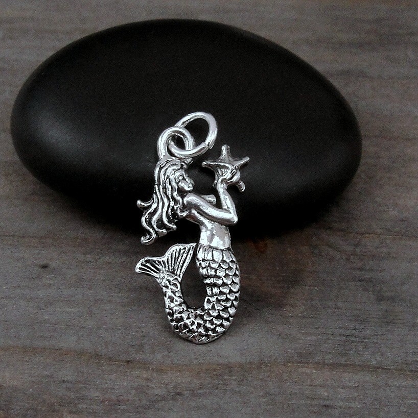 Silver Mermaid Charm - Mermaid and Starfish Charm - Ocean Charm - Beach Charm gallery