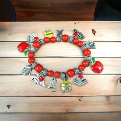 VTG Red Silver Beaded School Teacher Charm Bracelet Stretch Bus Apple Books