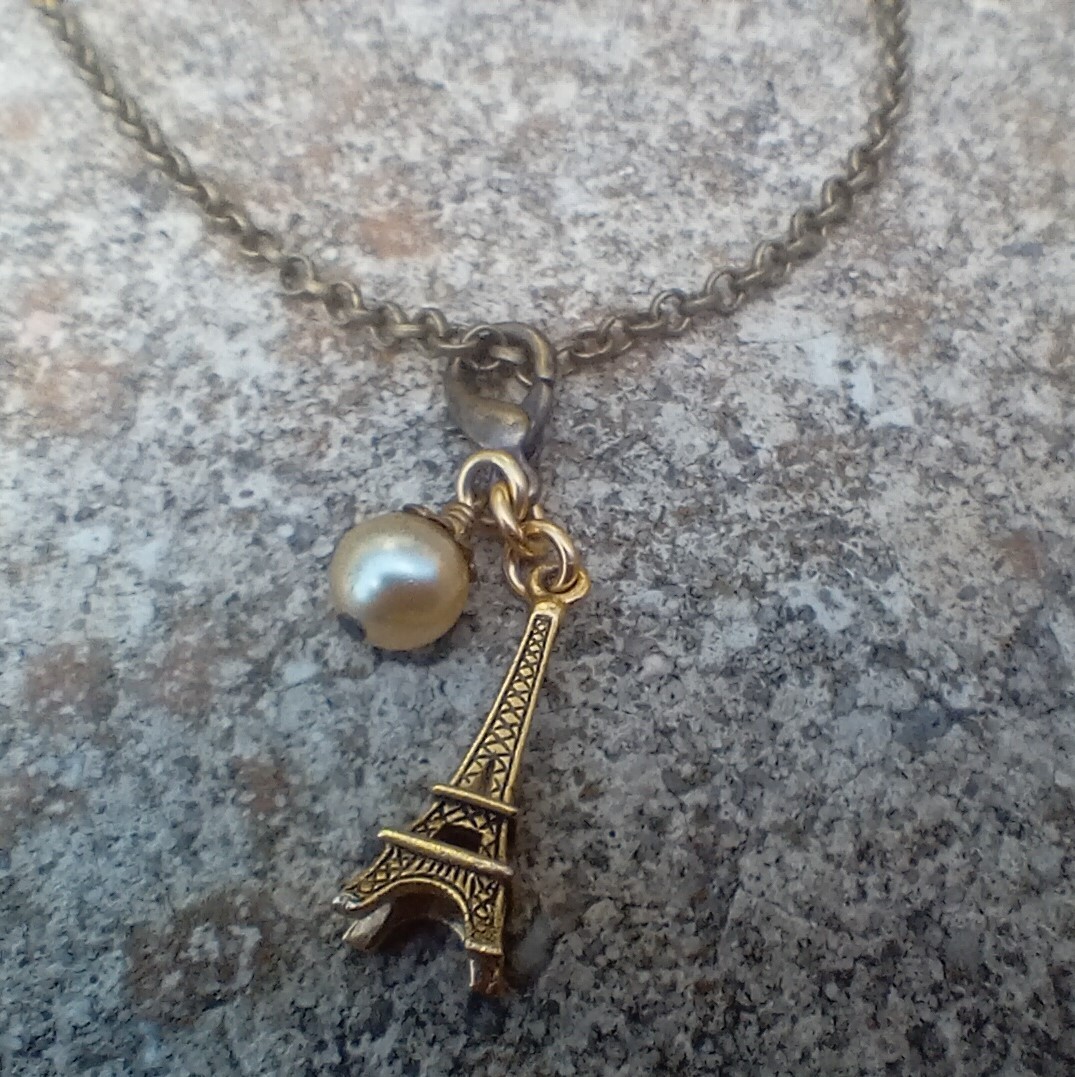 John Wind Brass Eifel Tower Charm with Champagne Pearl and Antiqued Brass Clasp gallery