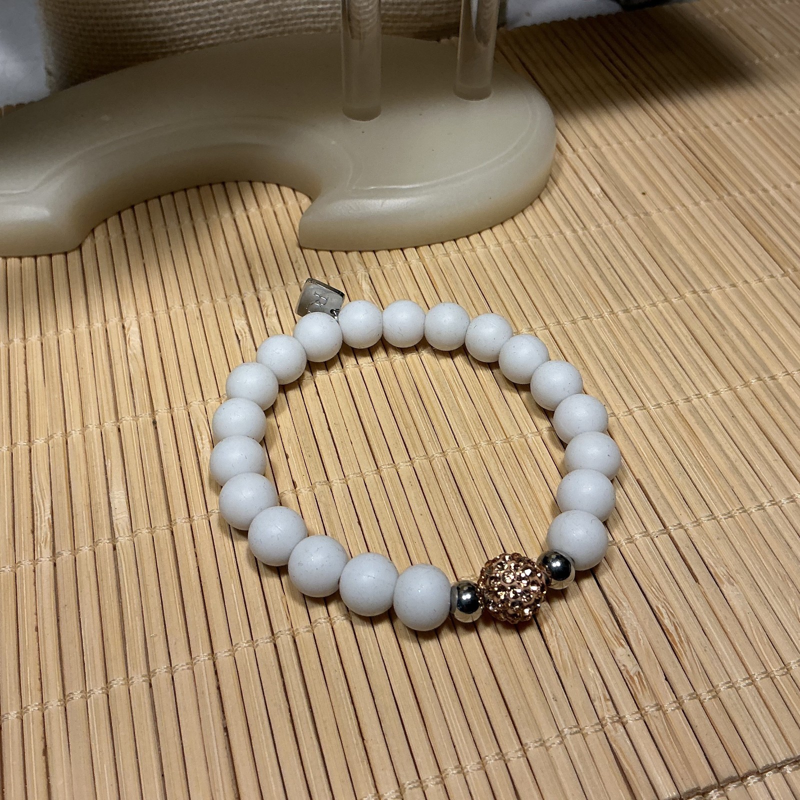 Rustic Cuff Bracelet White Rubber Peach Rhinestone Beaded Gold Stretch Lot 99D gallery