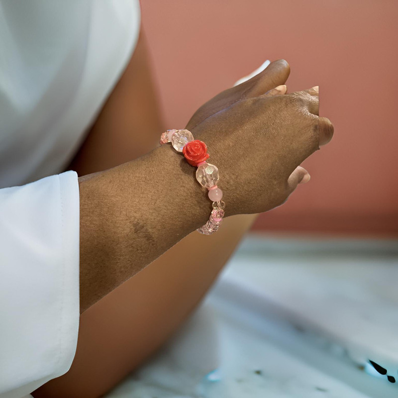 Pink clear women's handmade exquisite clay, acrylic, crystal beaded bracelet gallery