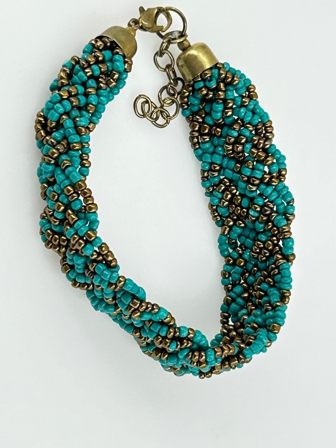 Beaded Braided Bracelet Adjustable Turquoise Bronze Seed Beads 8-10 inches gallery