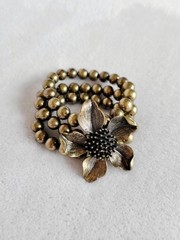 ​Antiqued Gold Tone Flower Statement Stretch Bracelet Chunky Boho 3 Row Beaded