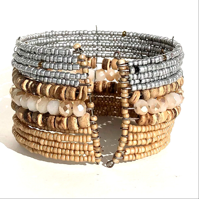 wide cuff bracelet beaded wire natural tan gray silver seed beads boho casual gallery