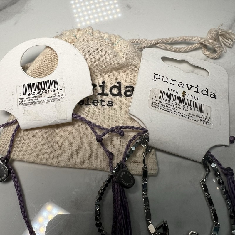 NEW Pura Vida Bracelet 2 pack Stone Amethyst Heart Adjustable Purple Silver tone gallery
