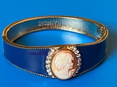 AMEDEO HAND CARVED SHELL CAMEO BLUE ENAMEL GOLD TONE BRACELET BANGLE MG