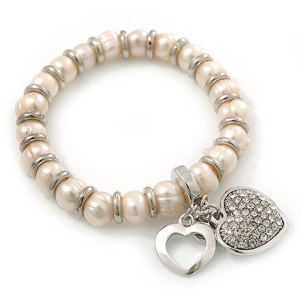 Freshwater Pearl Swarovski Crystal 'Heart' Charm Flex Bracelet In Rhodium