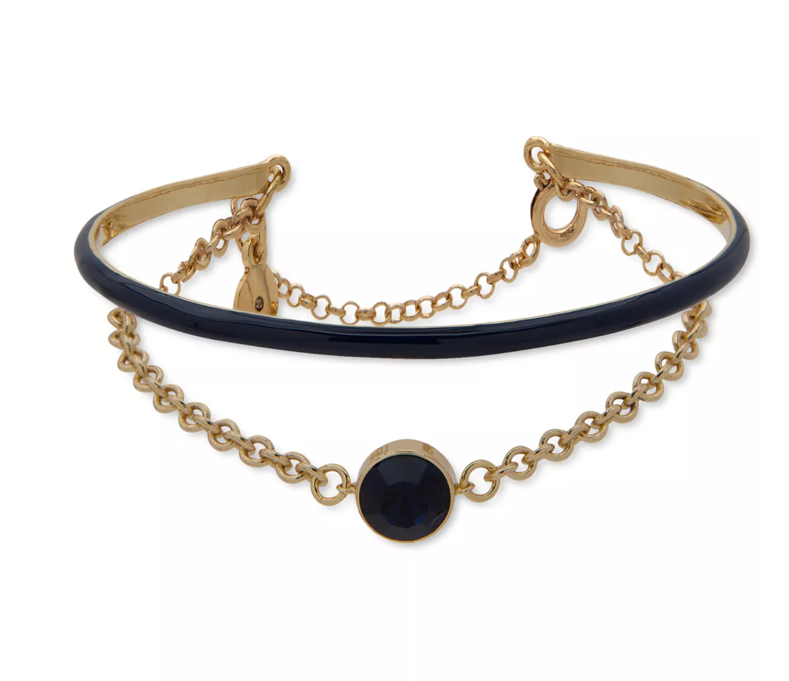 DKNY GOLD-TONE & BLACK CRYSTAL 2-ROW MODERN BANGLE BRACELET 2 1/2" NWT gallery