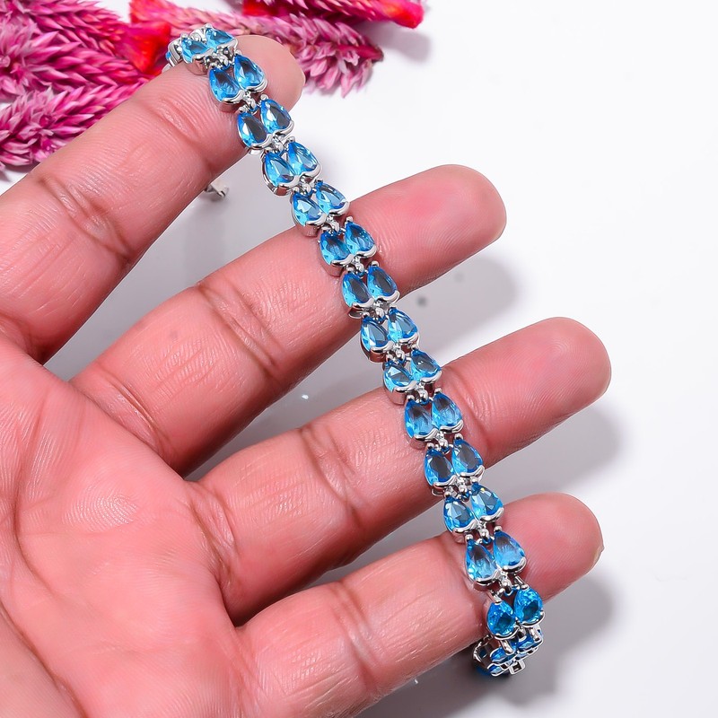 Blue Topaz 925 Sterling Silver Adjustable Bracelet 7-8" B131043, Gift for her gallery