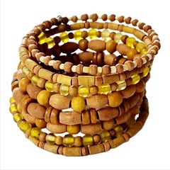 Yellow Glass and Wood Bead Memory Wire Tribal Style Wrap Bracelet Boho