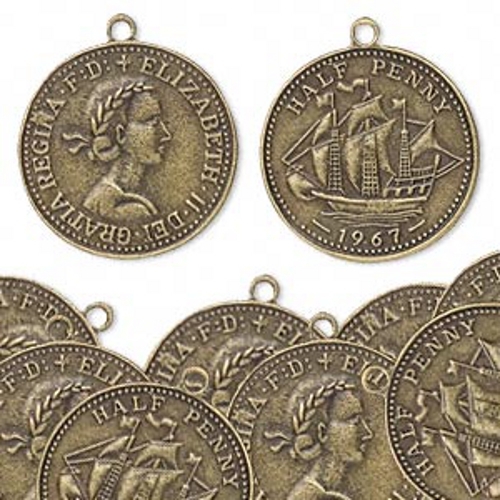 Elizabeth Half Penny Faux Coin Charms Steampunk Antiqued Brass Lot of 10 Charms