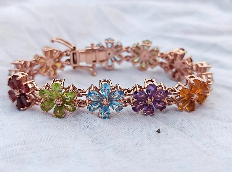 8 Ct Pear Simulated Multi-Gemstones Flower Tennis Bracelet 14k Rose Gold Plated gallery