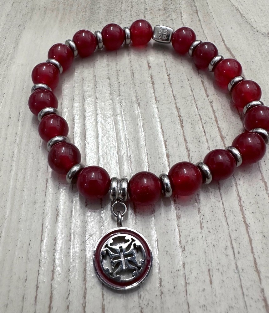 Rustic Cuff Deep Red Beaded Stretch Bracelet Silvertone Charm