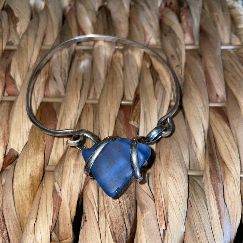 Sterling Silver Bangle Bracelet Hook and Eye Clasp Blue Sea Glass Artist Made gallery