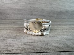 Layered Wrap Bracelet White Snakeskin Faux Leather Pearl Heart Charm 7.5″ Length