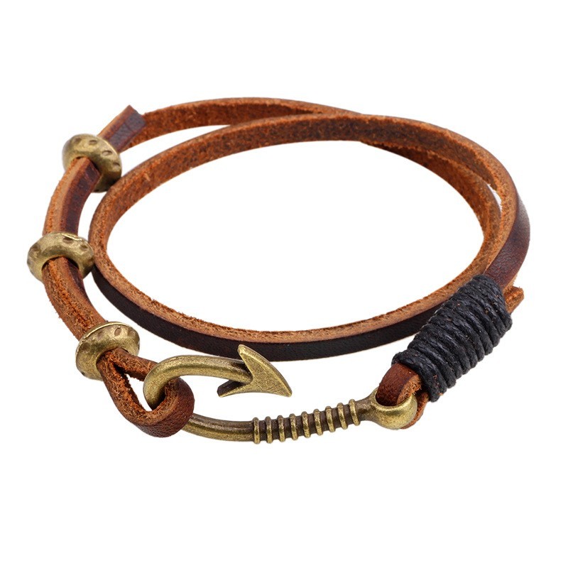 Vintage style Genuine Brown Leather & Antiqued Bronze Fish Hook Clasp Bracelet gallery