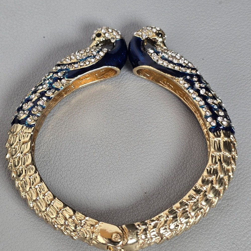 Gold Tone Green & Blue Enameled Swan Rhinestone Bracelet By Amrita Singh