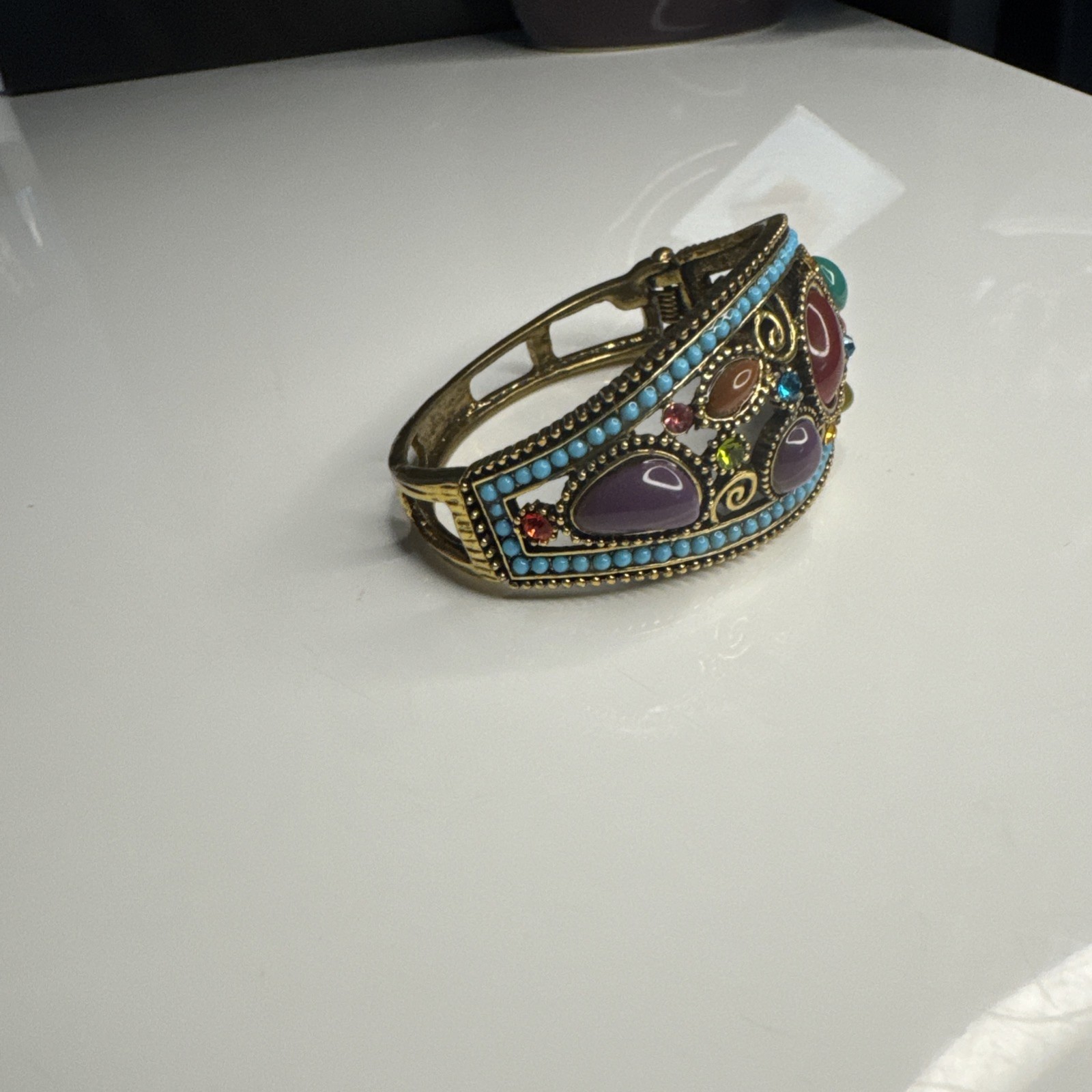 Gorgeous multi color rhinestone on copper tone clamper hinged bracelet by Yuhong gallery