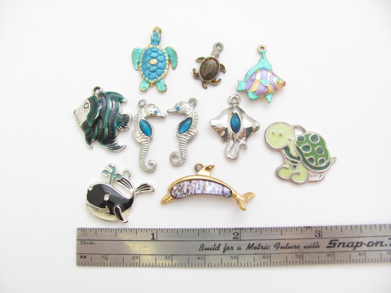 Ocean Sea Charms Whale Dolphin Turtle Sea Horse Fish Enamel Abalone Lot 10 PC gallery