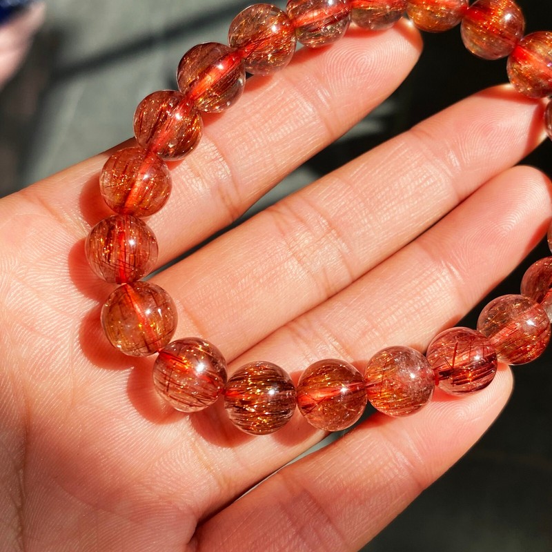 9.5mm Natural Copper Rutilated Quartz Crystal Stretch Beads Bracelet AAAA 4 gallery