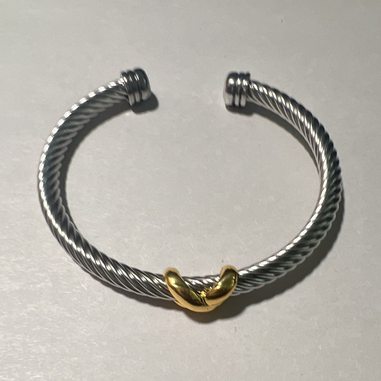 Two-Tone Metal Twisted Wire Cable Cuff Bangle Bracelet, Gold Knot, Stackable gallery