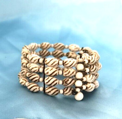 Women’s Cuff Bracelet Brown and White Oval Beads White Round Spacer Beads 8 in