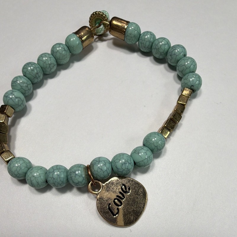 Turquoise Beaded Bolo Bracelet, Adjustable, Gold Tone Spacers, Love Charm gallery
