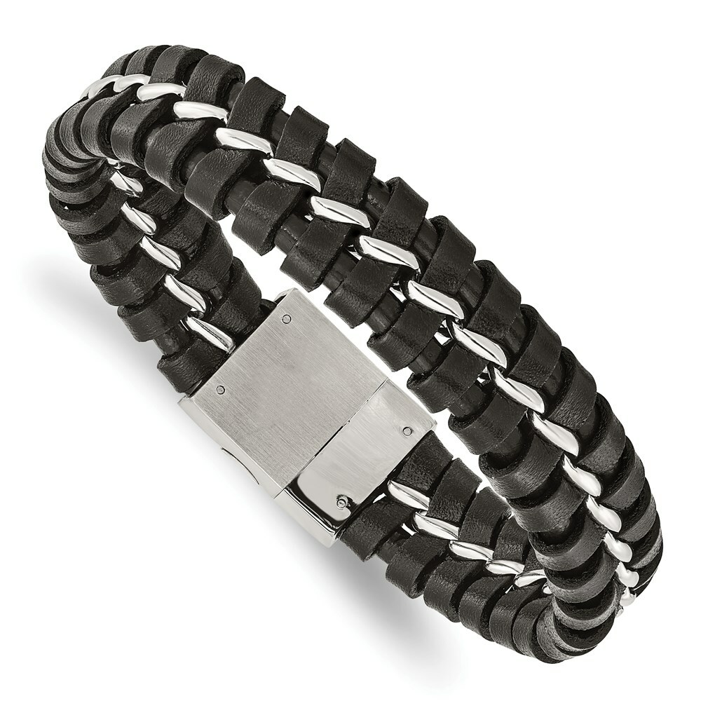 Stainless Steel Black Leather Brushed and Polished Bracelet gallery
