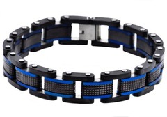 Blackjack! Blue & Black Stainless Steel Textured Link Bracelet for Mens