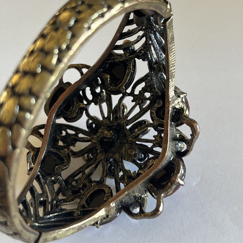 Antiqued Brass Tone Bracelet Multi Stone Jewel Hinged Cuff Boho gallery