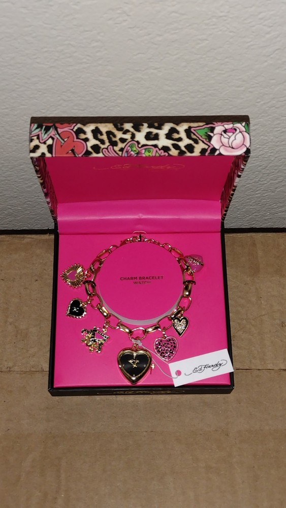 ED HARDY CHARM BRACELET WATCH HEART GOLD TONE NEW ED HARDY BRACELET WATCH