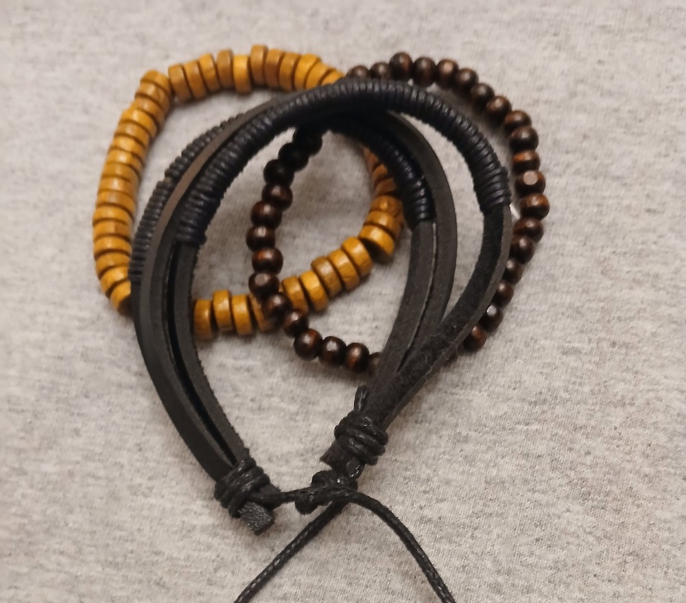 Wood Bead And Faux Leather Bracelet Set No003