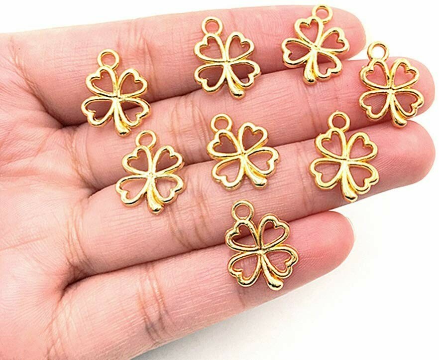 10 Shamrock Charms Clover Charms Miniature Charms 4 Leaf Gold Good Luck gallery
