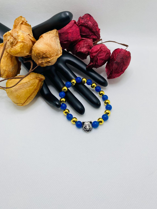 Bruins Bracelet: Blue Agate, Gold Hematite, Bear Charm Ucla Graduation Bracelet gallery