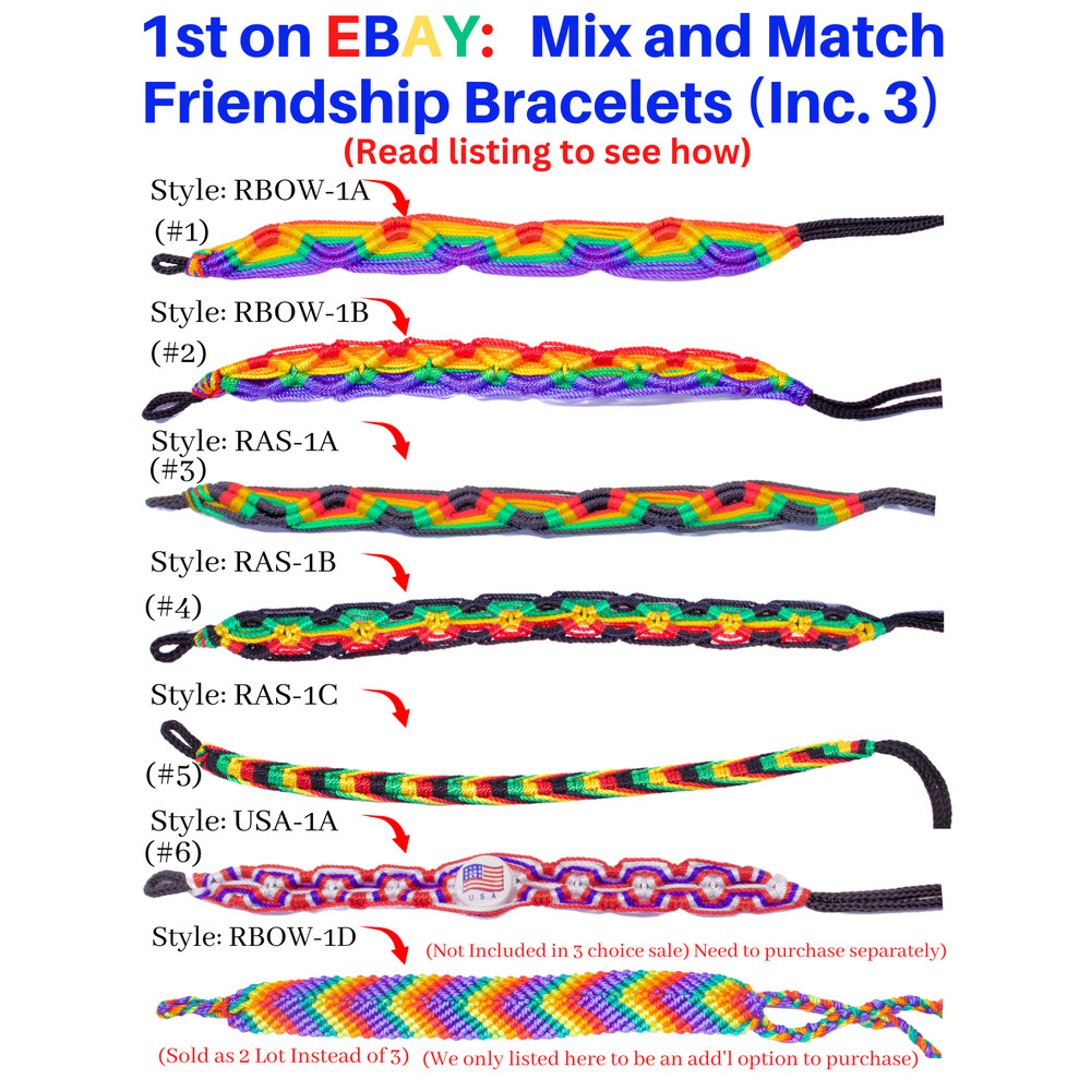 🌈 Threaded Hand Woven Rainbow Friendship Bracelet Bob Marley Rasta, USA (3 pcs)