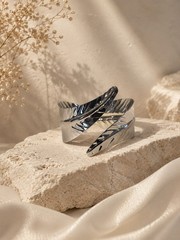 Silver Tone Leaf Wrap Cuff Bracelet Nature Inspired Jewelry Open Style