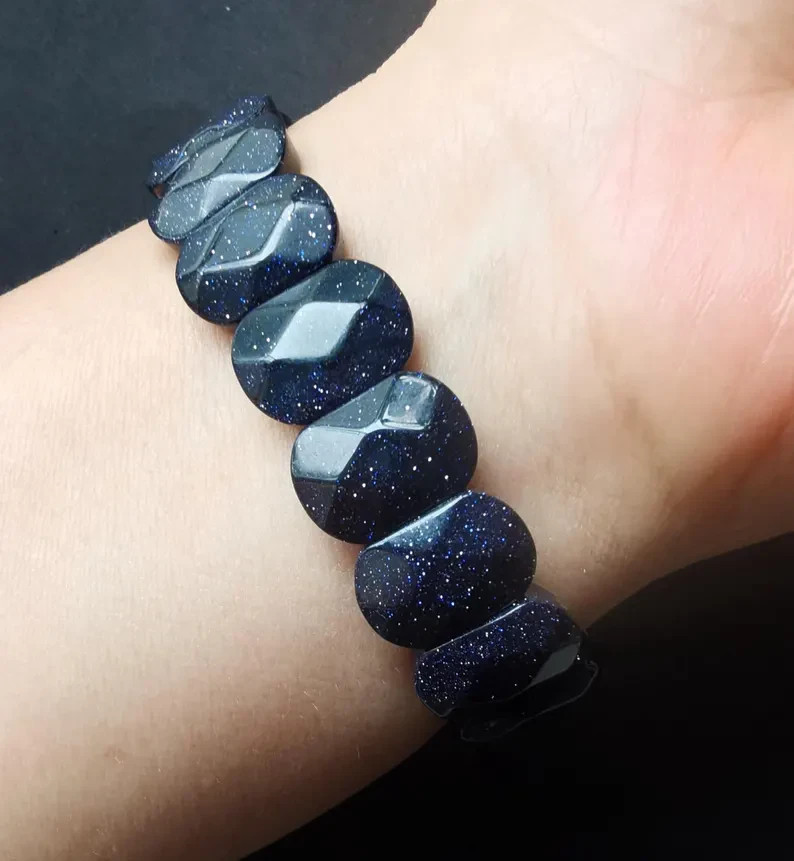 Men's Blue Goldstone Bracelet Faceted Geometric Sparkle Starry Stone 1pc 7.5" gallery